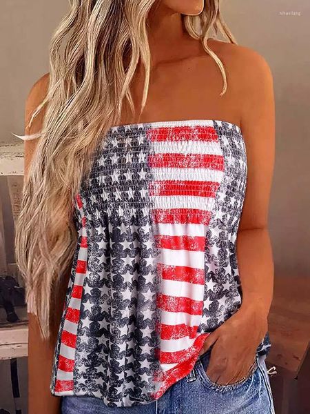Женские танки без бретелек Бандо Танко Женщины Американский флаг сняли с плечами трубки летние повседневные свободные рубашки для праздничных жилетов 2023