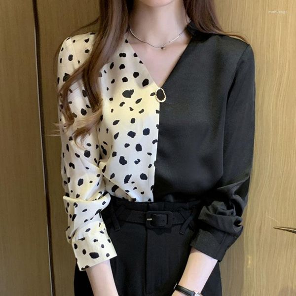 Frauen Blusen Herbst Damen 2023 Tops Chiffon Langarm Bluse V-ausschnitt Perlen Leopard Casual Shirts Pullover