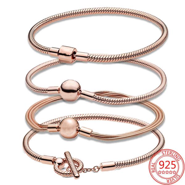 Cadeia de link % Real 925 Sterling Silver Rose Gold Romantic Moment Snake Chain Basic Chain Charm Bracelet Girl Birthday Fashion Presente G230222