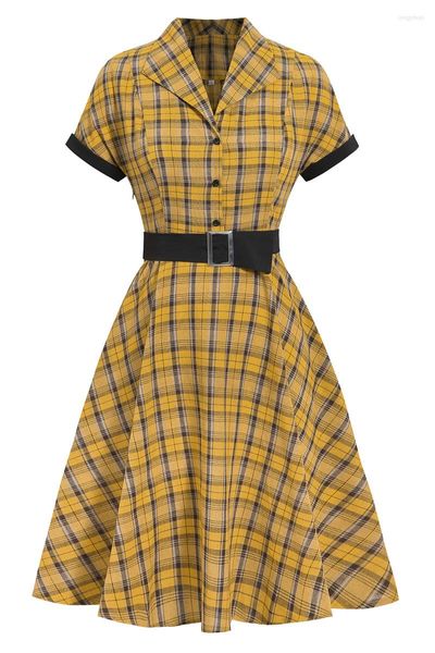 Lässige Kleider Frauen Kleid Gelb Britisches Plaid Vintage Umlegekragen Gürtel Kurzarm Swing Party Robe Rockabilly 50er Jahre Vestidos
