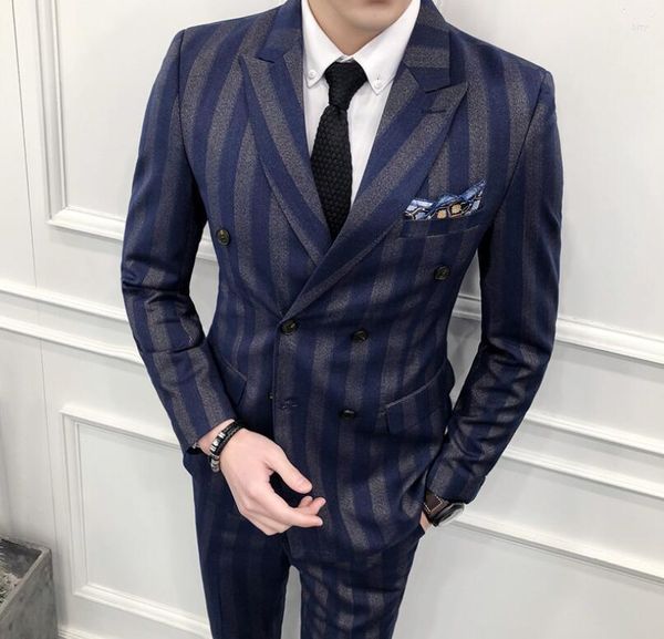 Ternos masculinos 2023 Marinha Blue Stripe Wedding For Men Terno formal Slim Fit 2 Peças Busines Busines Man Blazer Party Prom Jacket Palnts