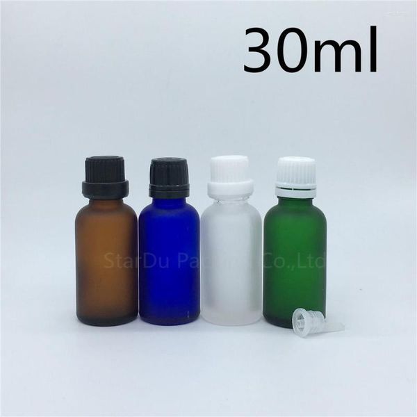 Bottiglie di stoccaggio Bottiglia da viaggio 30ml Fiale di vetro smerigliato trasparente verde blu ambrato Olio essenziale con tappo antimanomissione 10 pezzi