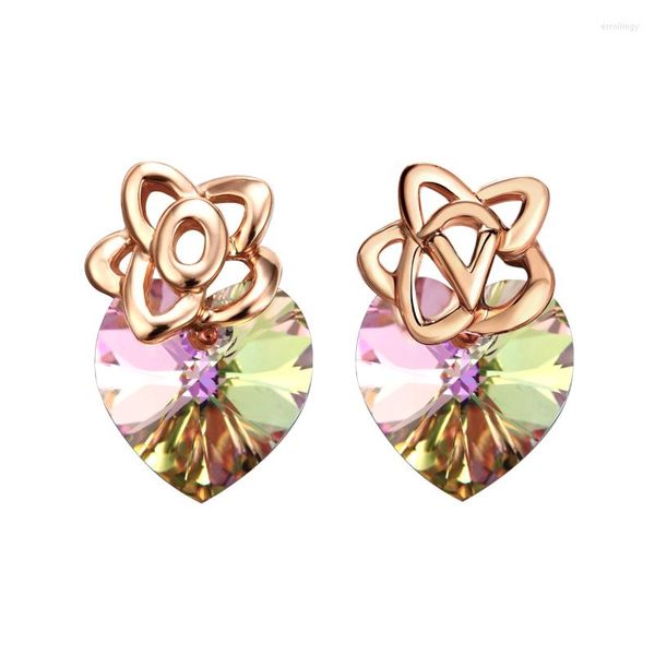 Orecchini a bottone COCOM Fiore in argento sterling 925 Oro rosa Lucidatura fine Cristalli a forma di cuore viola da gioielli austriaci