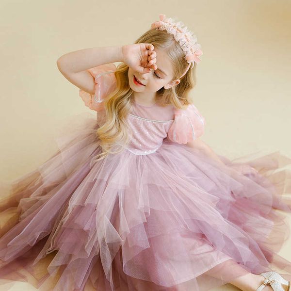 Mädchen Kleider Sommer Baby Kinder Ballkleid Prinzessin Kleid Mädchen Geburtstag Party Hochzeit Tutu Custome Rosa Pailletten Puff Sleeve süße Kinder Kleid Z0223