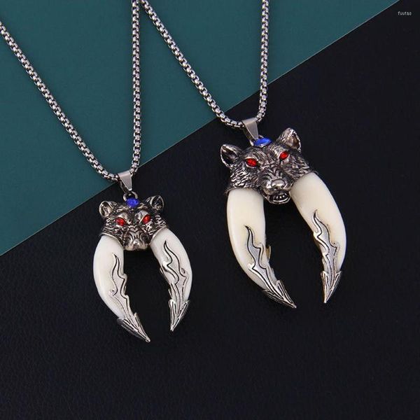Подвесные ожерелья антикварный двойной кабар волки зубные тибетские серебряные ожерелья волка Подарок винтажный свитер животных цепь