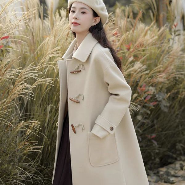 Женские куртки осень и зимний ковхорн пуговица шерстяное пальто женское классическое в стиле ретро -колледжа средняя длинная шерсть 230223