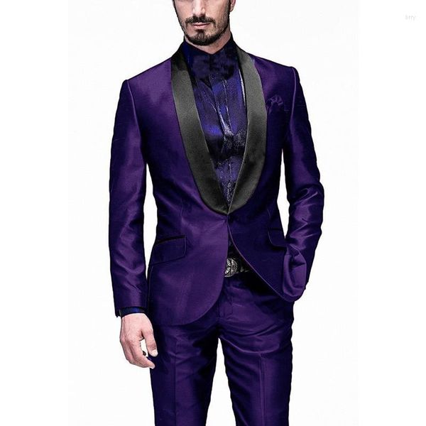 Abiti da uomo Custom Made Uomo Smoking dello sposo viola lucido Scialle Nero Risvolto Groomsmen 2 Pezzi Uomo da sposa (Giacca Pantaloni Cravatta) C990