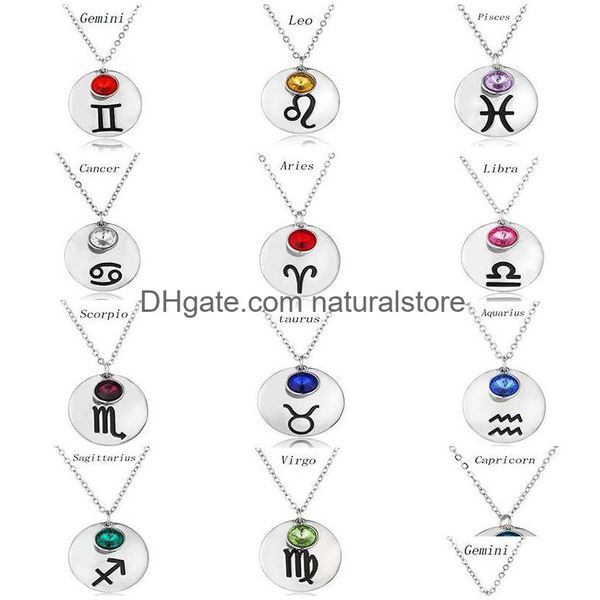 Collane con ciondolo Moda 12 Zodiaco Fortunato Birthstone Gioielli di compleanno Gemme di cristallo di alta qualità Costellazioni per le donne Goccia di lusso Dh8Sv