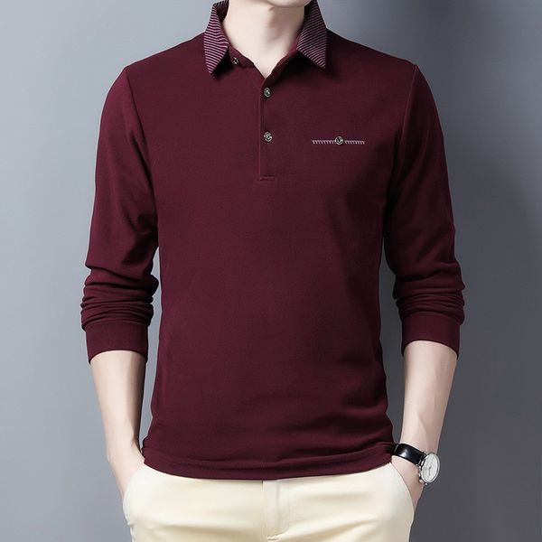 Camicie casual da uomo Ymwmhu Polo vino rosso per uomo Manica lunga Autunno e primavera Camicia con colletto Solido Polo casual Abbigliamento moda coreana 230223