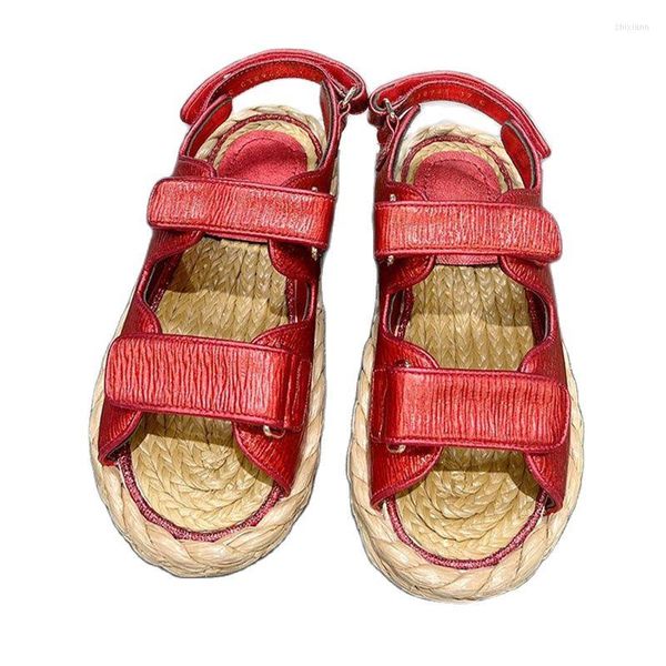 Sandalen Stroh Seil Weben Flache Dicke Sohle Fischer Frauen Echtes Leder Offene spitze Sandalias Damen Sommer Outdoor Urlaub Schuhe