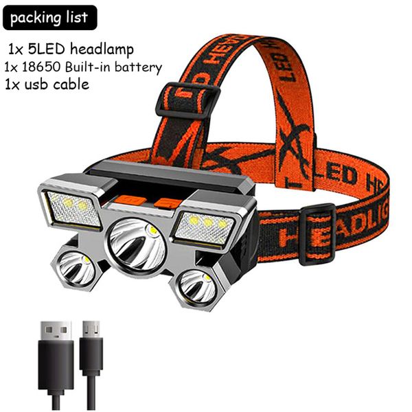 LED-Camping-Laterne, wiederaufladbar, USB, eingebauter Akku, 5 LEDs, starker Scheinwerfer, superhelle, am Kopf montierte Taschenlampe, wiederaufladbar, für den Außenbereich, Nachtangeln