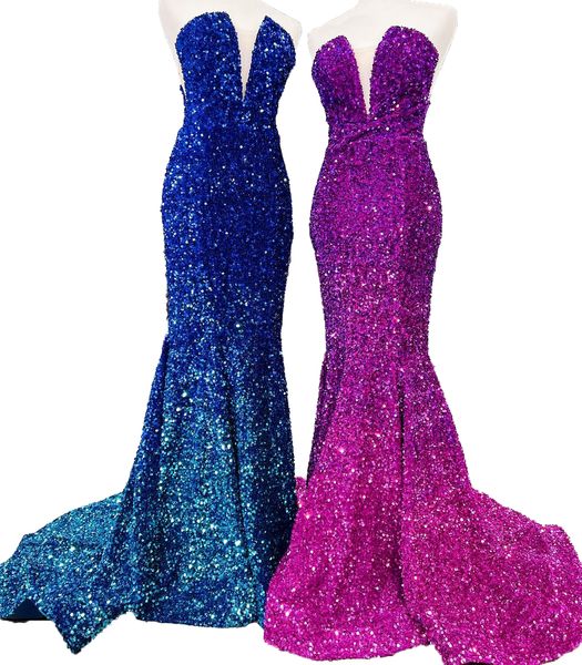 Abito da ballo con scollo a V luccicante 2k23 Royal Ombre Velluto con paillettes Sirena Lady Preteen Girl Abito da spettacolo Serata formale Ospite di un matrimonio Red Capet Runway Hoco