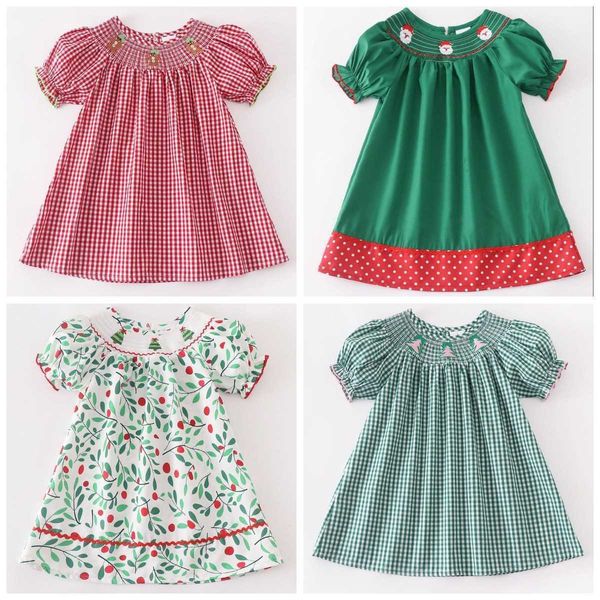 Mädchenkleider Girlymax Weihnachtsbaum Baby Mädchen gesmokt Punkte Weihnachtsmann Lebkuchen gewebtes Kleid Kinderkleidung Rüschen Boutique G230222