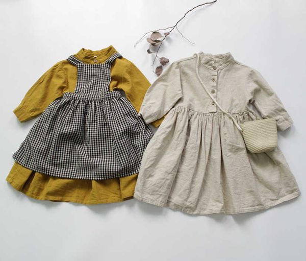 Платья для девочек, новые осенние хлопковые льняные платья в корейском стиле для маленьких девочек, однотонное платье с длинными рукавами для малышей, детский халат в стиле ретро, детское платье