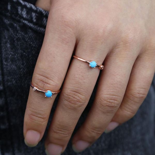 Cluster-Ringe Roségold Farbe Zwei Stein Cz Türkise Einfaches dünnes Band Mädchen Frauen Fingerring