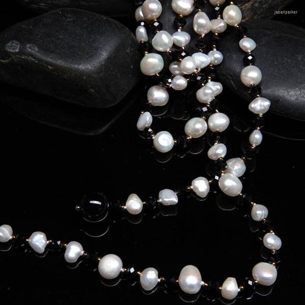 Ketten lange elegante natürliche Perlenhalskette feiner Schmuck handgefertigt schwarze Kryatalpullover Kette 130 cm Frau Geschenk