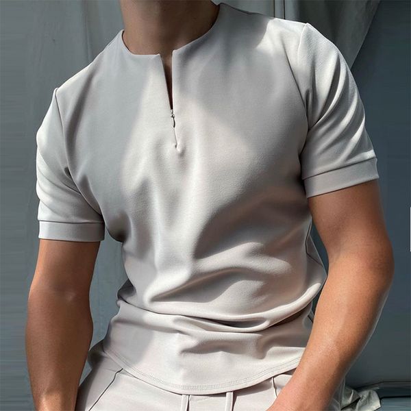 Herren Polos Männer Casual Poloshirt reine Farbe Kurzarm Reißverschluss Design Tops Fitness Sport T-Shirt Poloshirts Harajuku Streetwear 230223