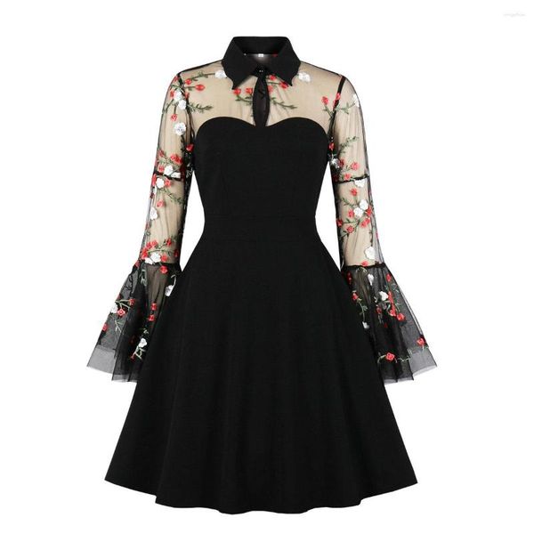 Lässige Kleider, floral besticktes Netz, elegantes Damen-Partykleid, 50er-60er-Jahre, Retro-Vinatage, schwarz, Gothic-Streetwear, A-Linie, Swing, Rockabilly