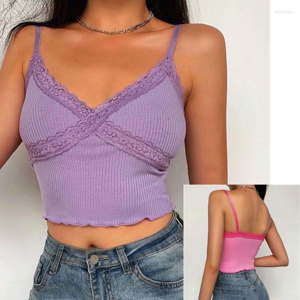 Magliette da donna in pizzo con scollo a V Top Donna Estate Moda Sexy Backless Spaghetti Strap Canotta corta Casual Dolce Crop Streetwear Harajuku