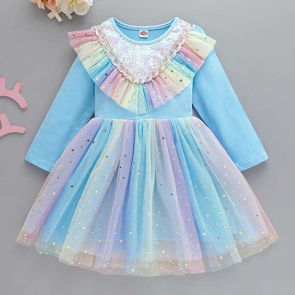 Vestidos da menina primavera arco-íris manga longa crianças vestidos para meninas vestidos vestido de baile vestido de tule inchado crianças roupas com estrelas de brilho dourado