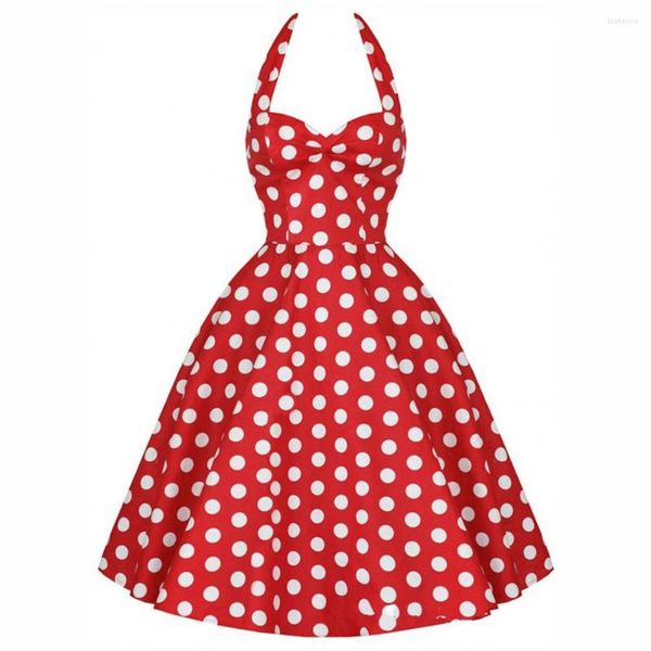 Vestidos casuais verão sexy halter pescoço mangas vestido vintage polka pã impressão vestidos retro algodão A-line