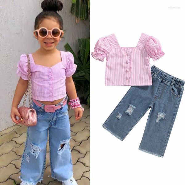 Conjuntos de roupas de 1 a 6 anos meninas 2pcs calças definidas com manga curta listrada camiseta de colheita listrada rasgada de jeans de verão de verão aconchegante