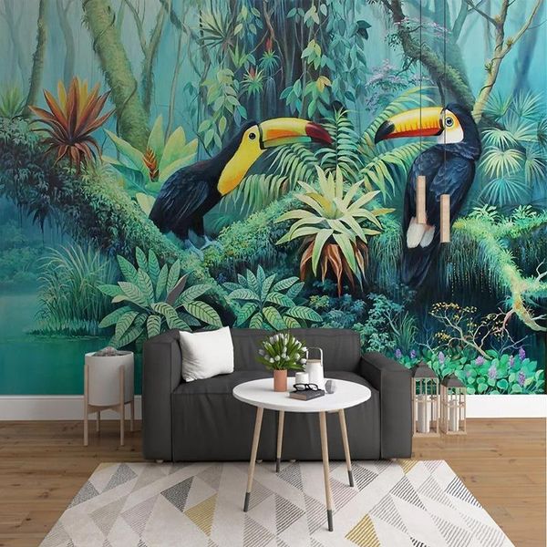 Carta da parati Carta da parati murale personalizzata 3D Foresta pluviale tropicale dipinta a mano Pianta Uccello Soggiorno Camera da letto Sfondo Decorazione murale Papel De Parede