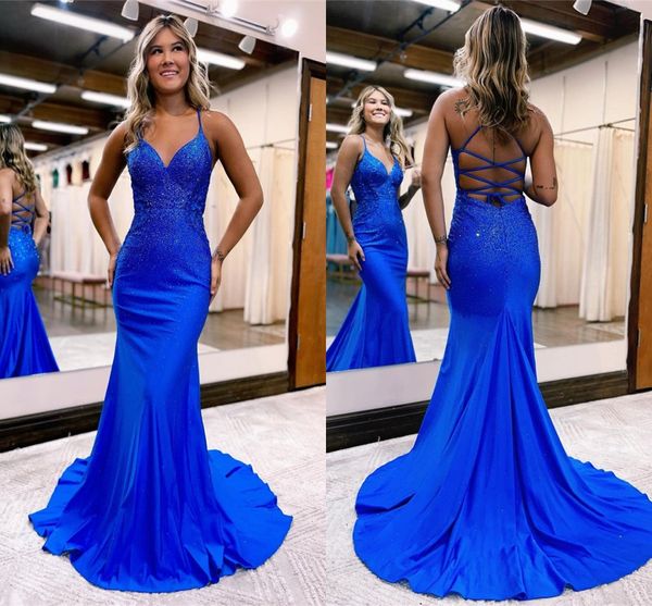 Royal Blue Mermaid Prom Dresses Sexy senza spalline Perline Backless Paillettes Abiti da sera per adolescenti Laurea BC15118