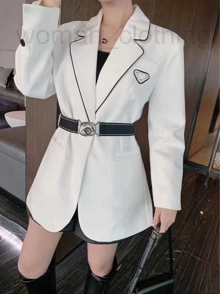 Designer Damen Jacken Damen Elegant Mystic Black Blazer Gürtel klassisches Dreieck Abzeichen Top Rock Set lange Jacke Revers Tunika Mantel GTI5