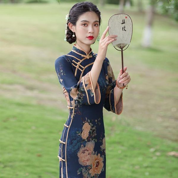 Roupas étnicas Autumn chinês vintage melhorado vestido qipao antigo shanghai mandarim colar slim peony impressão de manga longa cheongsam