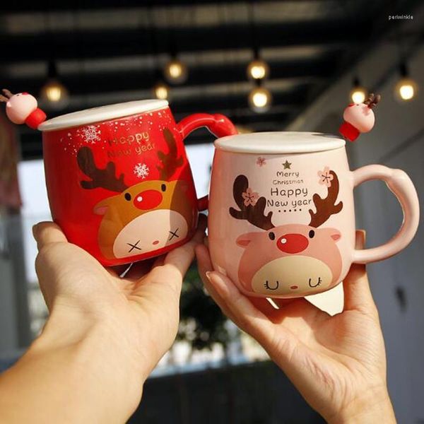 Tazze Tazza in ceramica da 350 ml Tazza da caffè creativa con coperchio e cucchiaio Tazze da tè e latte Bambino Natale Alce Regalo per bambini Rosso Rosa Coppia