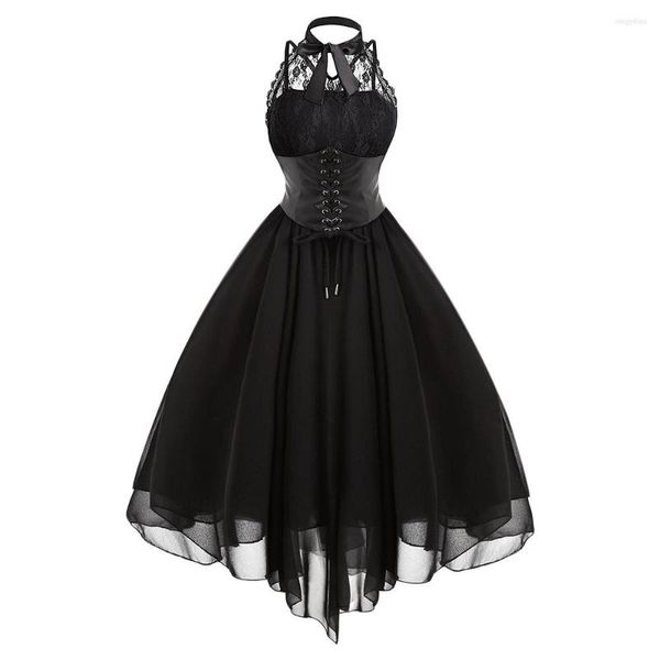 Повседневные платья готические платья для вечеринки по боку женщины винтажные черные без рукавов с перекресткой задняя кружев