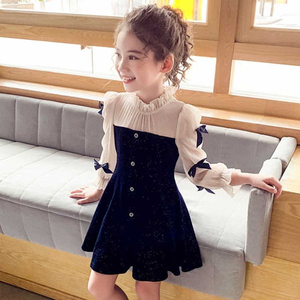 Abiti da ragazza Blu navy Abito da festa per ragazze Estate Autunno Bowknot Manica lunga Abbigliamento per bambini Abiti classici per bambini per ragazze 4 5 7 9 11 13 anni