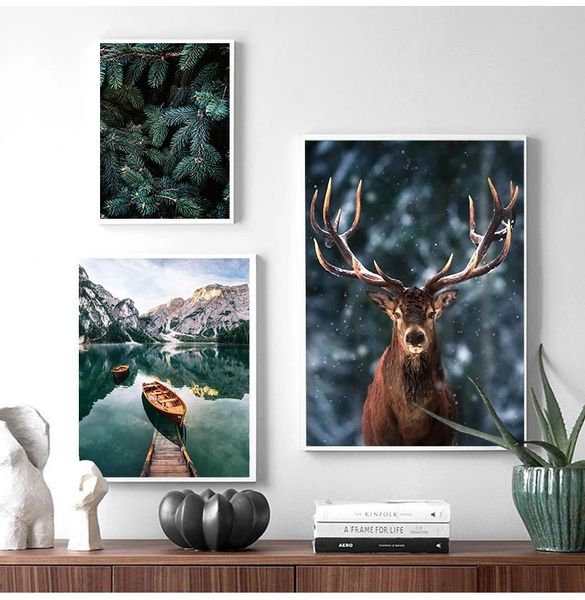 Dipinti di paesaggi Natura Immagine decorativa Casa Nebbia nordica Foresta Cervo Animale Tela Wall Art Print Pittura Lago di montagna Woo