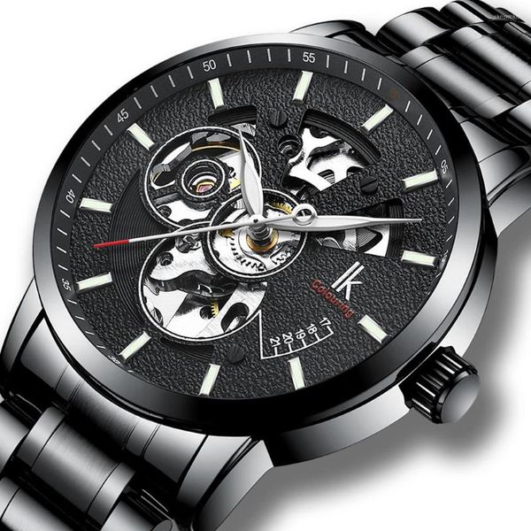 Orologi da polso IK Coloring Men Orologi Luxury Automatic Mechanical Fashion Skeleton Design Orologio da polso in acciaio inossidabile con lancette luminose