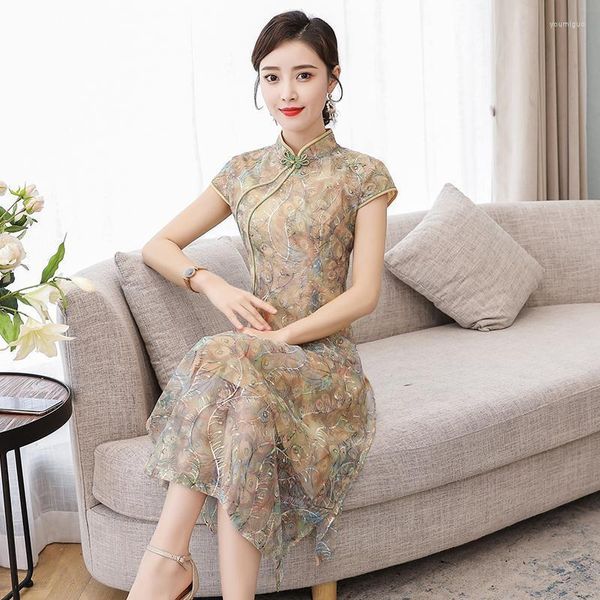 Vestido de estilo étnico 2023 Vestido de estilo chinês Qipao Women Women Lace Bordado Cheongsam Festa Casual Elegante Casual A31