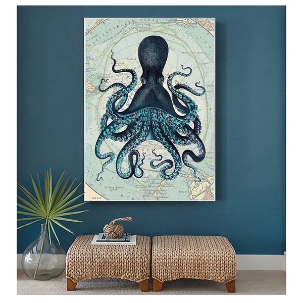 Cartaz imprime a arte da parede costeira náutica Picture Antártica mapa de lona pintando decoração de parede de parede Kraken Octopus tentáculos vintage woo