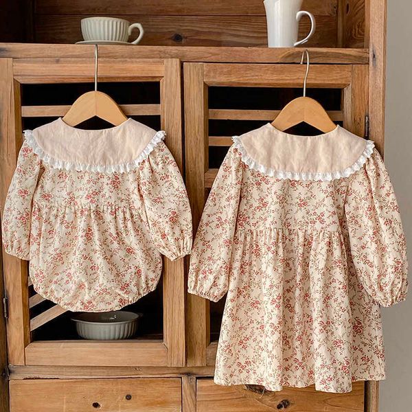 Vestidos da menina meninas coreanas primavera outono novo vestido menina renda folha de lótus lapela em forma de princesa vestido bebê meninas romper crianças irmã outfit