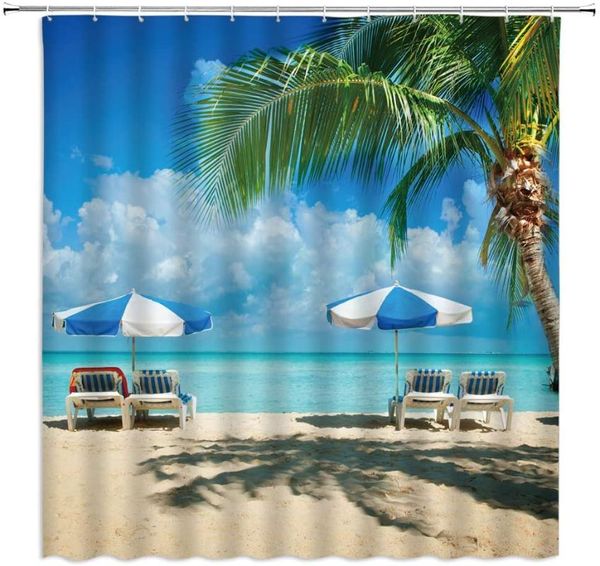 Cortinas de chuveiro praia coco árvore oceano mar litoral reclinável reclinável verão ao ar livre férias banheiro pano suspenso cortina