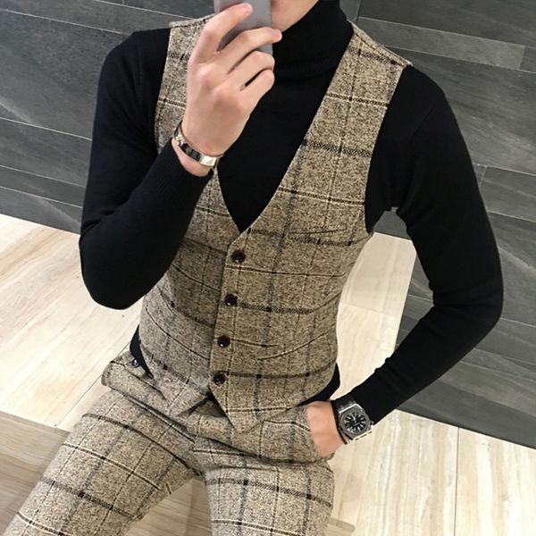 Gilet da uomo qualità spessa inverno lana moda plaid abito formale abito slim fit gilet gilet plus size Colete 230222