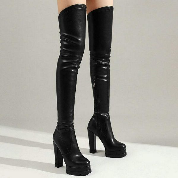 Stiefel 2023 Frauen über dem Knie Plattform Quadrat High Heel Damen Oberschenkel Faux Wildleder Seitlicher Reißverschluss Runde Zehe Damen Schwarz