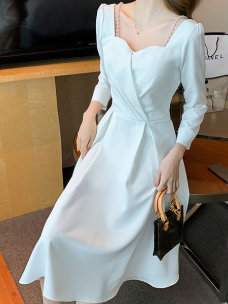 Vestidos casuais moda moda elegante casual midi feminino outono vestido branco vintage slim uma linha de linha preta vestidos femme estilo francês roupas de baile 230223