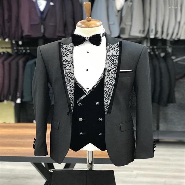 Erkekler takım elbise serpantin erkekler 3 adet siyah resmi özel yapım düğün modern yaka kraliyet yakışıklı iş kat pantolon