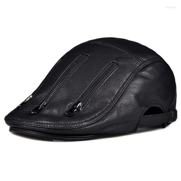 Berets 2023 Design Herren Echtes Leder Baskenmütze Cabbie Cap Hut Marke Junge Männliche Schwarz Braune Farbkappen 45 % Rabatt