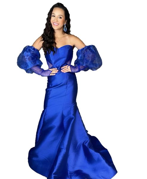 Vestido de baile mikado 2k23 mangas de sopro removíveis de sereia recortada senhora pré-anteen adolescente adolescente vestido de concurso formal festas noturno casamento convidado vermelho capet pista royal-blue