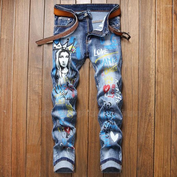 Herrenjeans im europäischen und amerikanischen Stil, Cartoon-Druck, für Herren, Stretch, modisch, schlank, Streetwear, Herbst, lässig, Graffiti, blaue Denim-Hosen