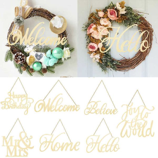 Decoração de festa 1pcs Hello Wood Sign Door Decor Welcome Love Home pendurado Pingents Pingns for Wedding Birthday Wreath Supplies Y2302