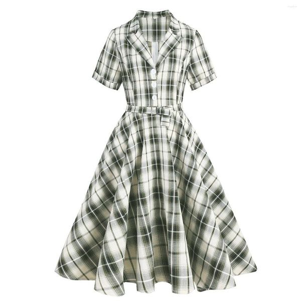 Abiti casual Stampa a quadri Abito vintage Donna Piatto di cotone Plus Size con cintura Elegante Hepburn degli anni '50 Femminino Vestidos