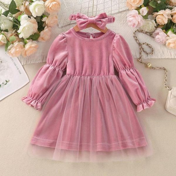 Vestidos de menina vestido de manga comprida de veludo rosa para meninas bebês outono de inverno roupas 2023 cor sólida tule tule retchwork Princess natal