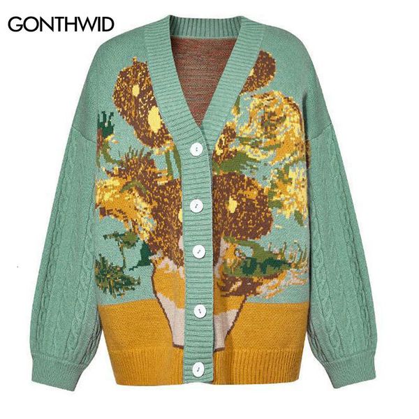 Maglioni maschili maglione unisex cardigan harajuku van gogh girasole per girasole a maglia da donna da donna autunno casual a maglia blu verde blu verde 230223